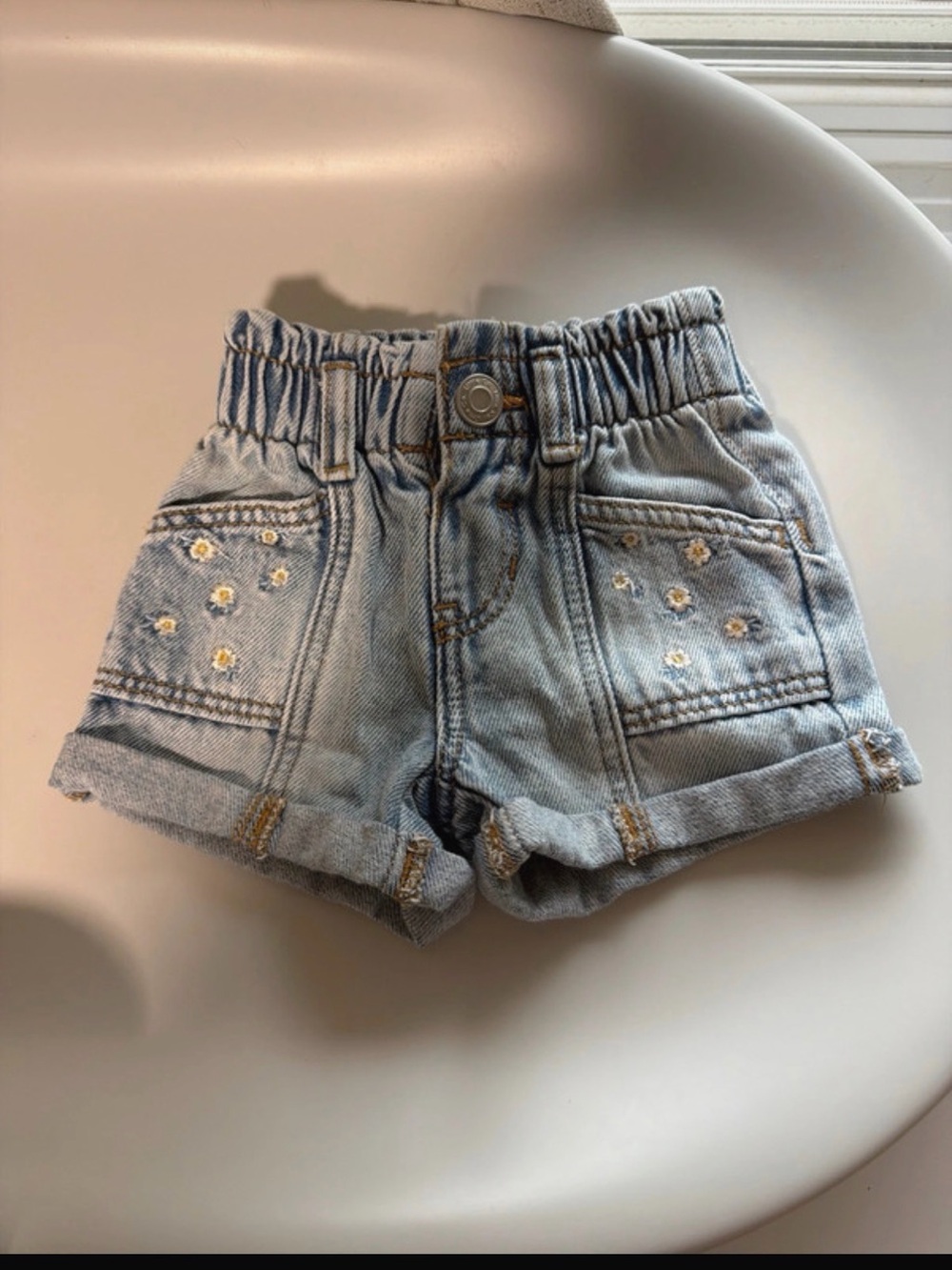 Embroidered Daisy Light Wash Denim Shorts for Kids